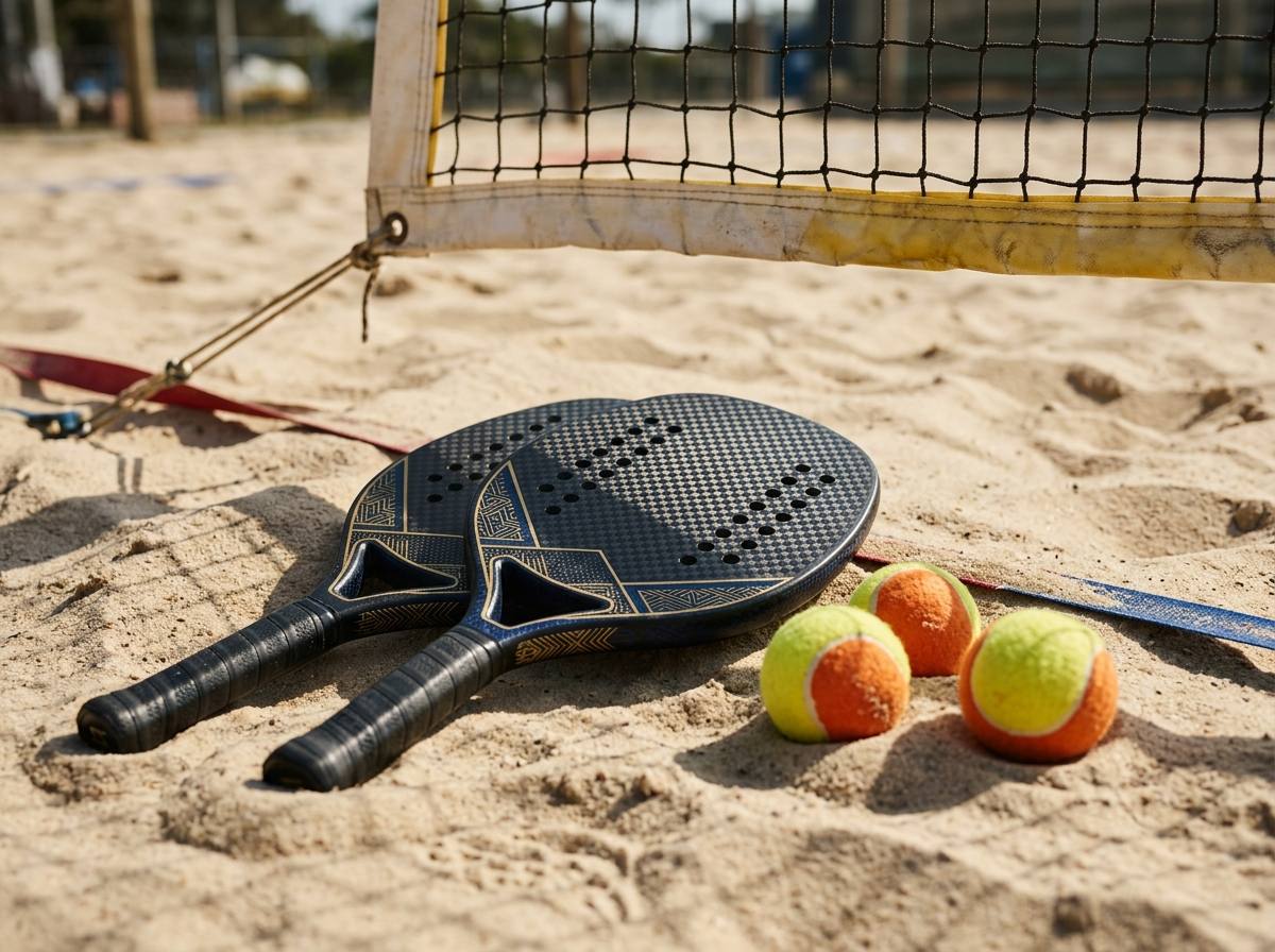 Raquetes e bolinhas de beach tennis na areia